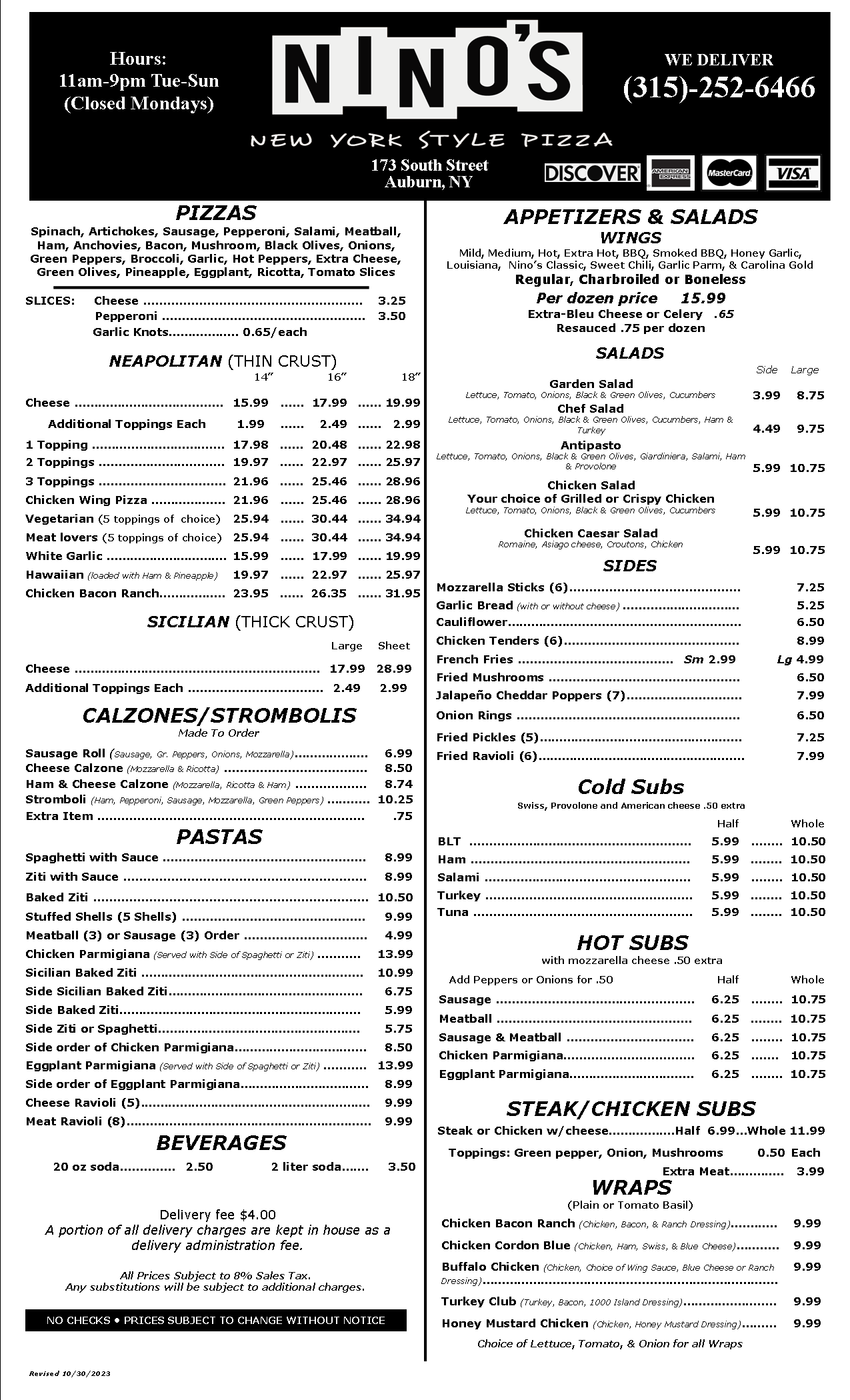 Nino's Pizzeria II menu, Auburn NY